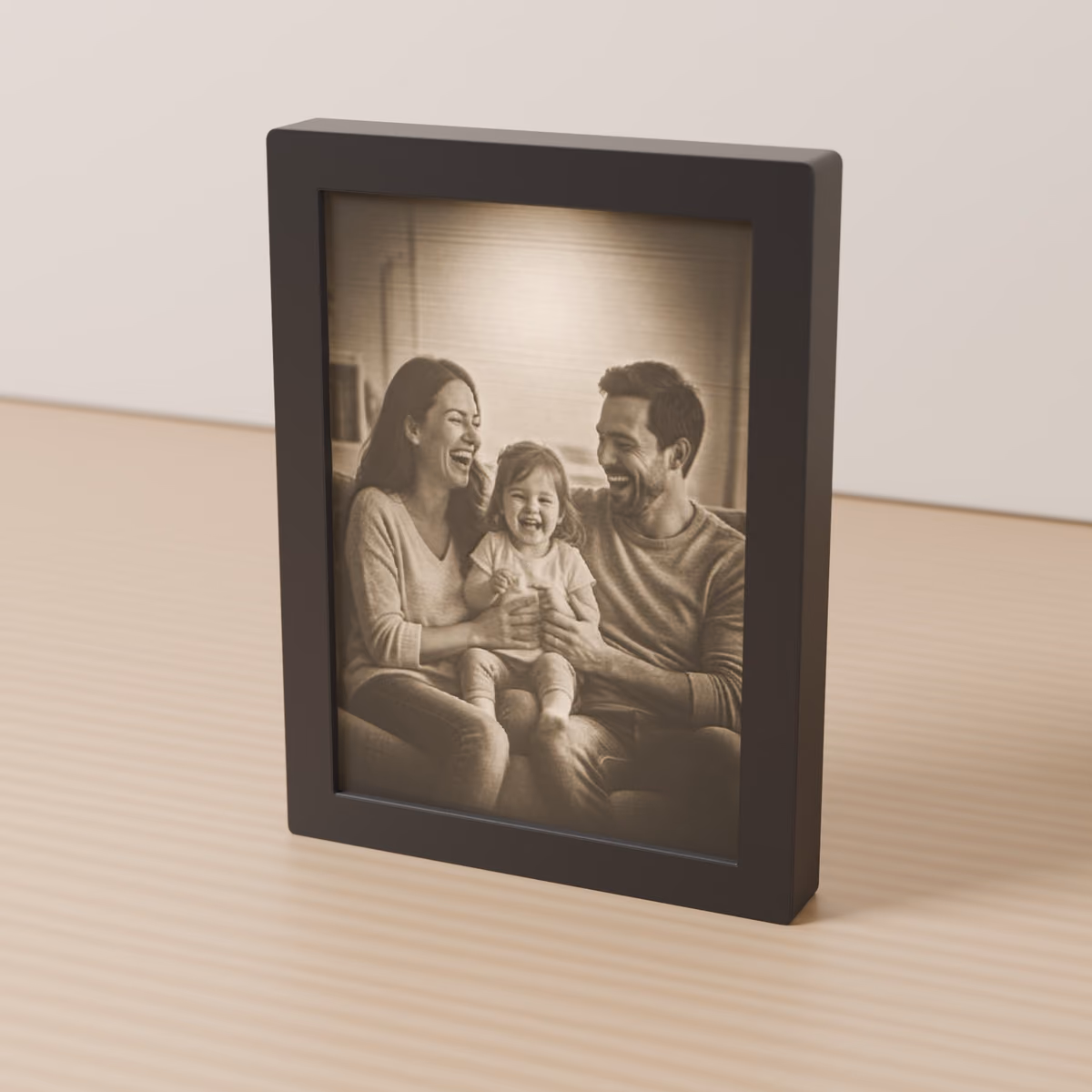 Litofania impressa em 3D numa moldura preta, com uma fotografia de família