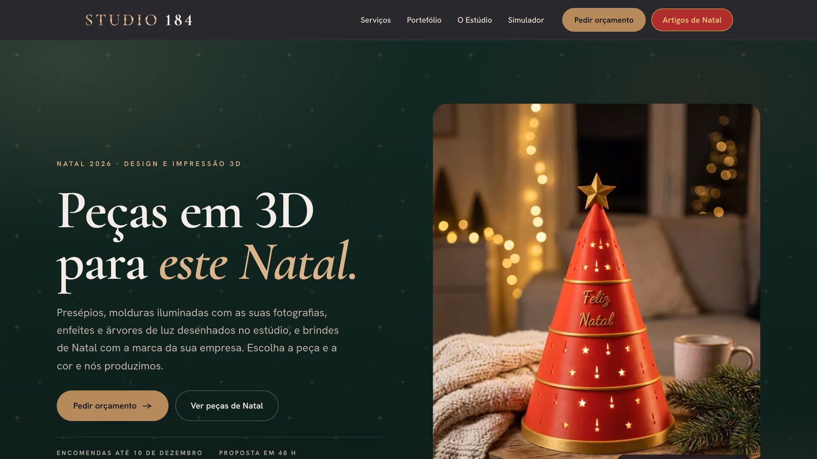 Página inicial do studio184.pt, com o logótipo do Studio 184 e uma peça da marca impressa em 3D