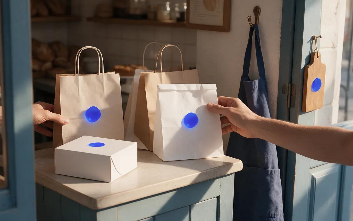 Bags, box and apron from a bakery with the same blue brand