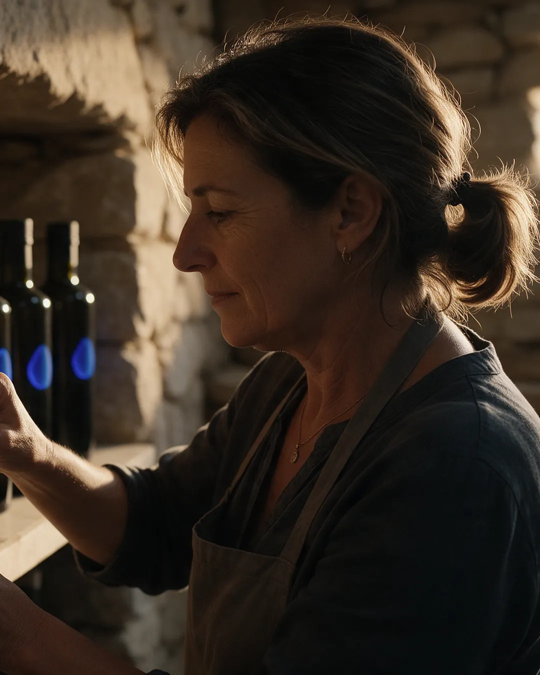 Produtora de azeite a carimbar uma marca azul nas garrafas
