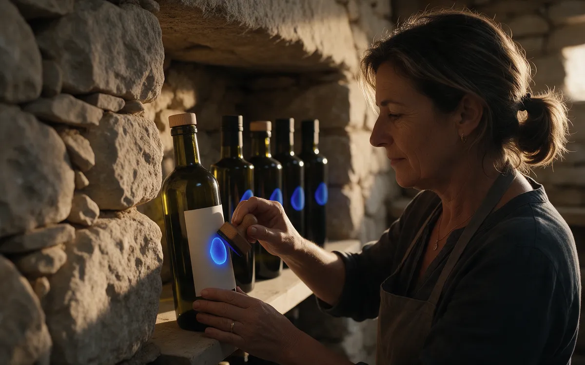 Produtora de azeite a carimbar uma marca azul nas garrafas
