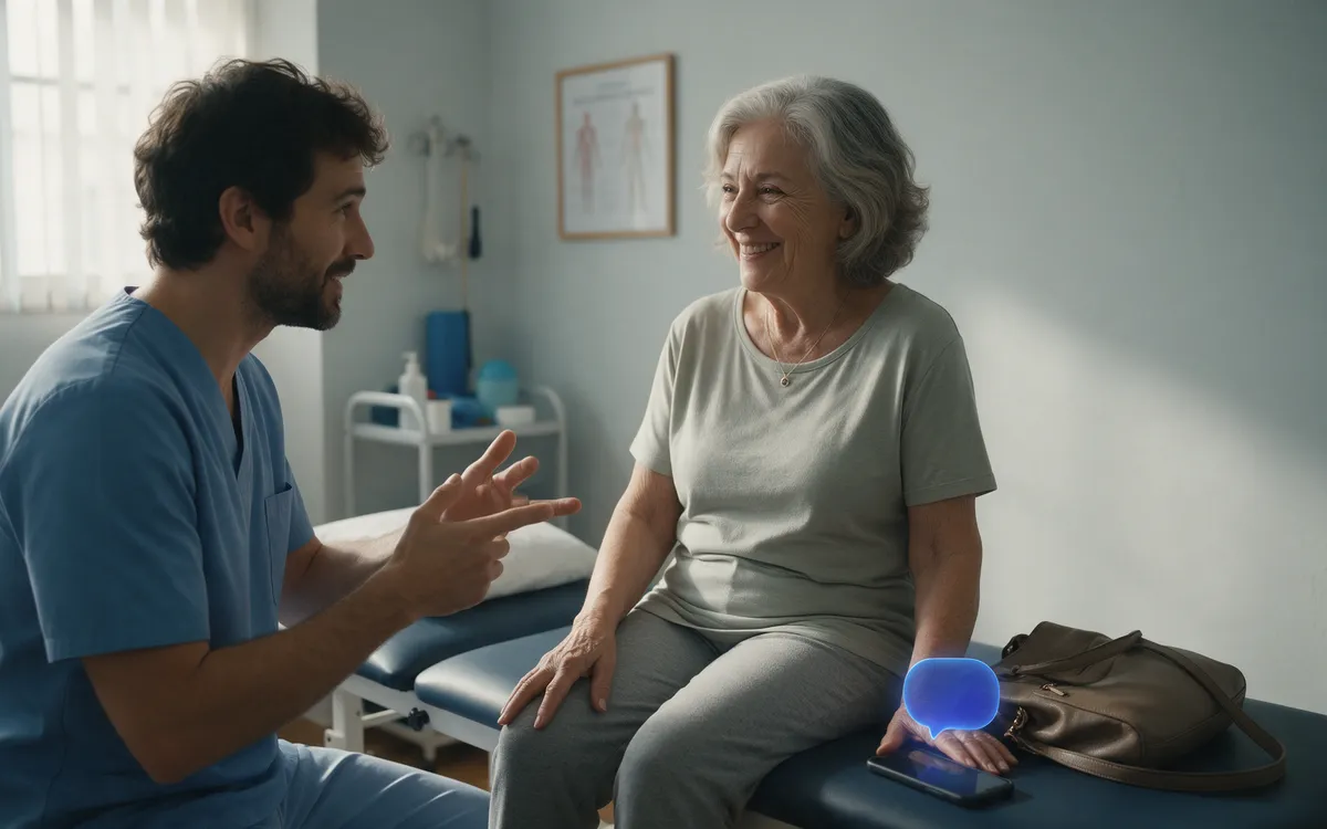 Fisioterapeuta com uma paciente; um lembrete azul ao lado do telemóvel dela