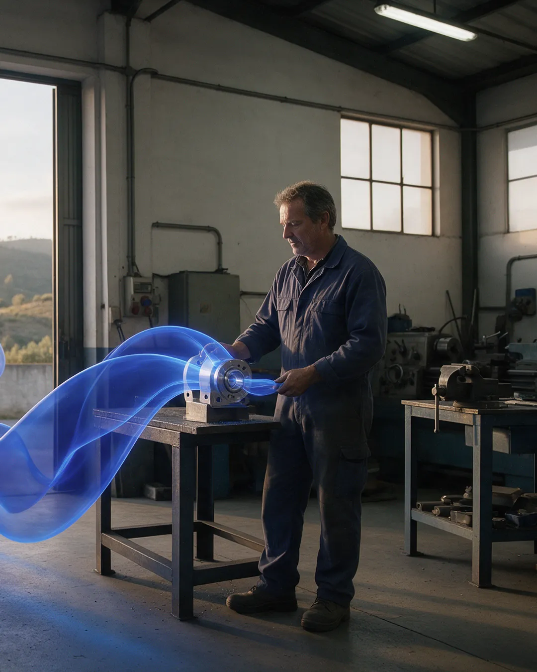 Dono de uma metalomecânica; uma fita azul leva a peça pela porta fora, para exportação