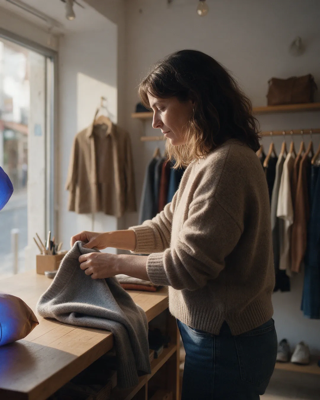 Dona de uma loja de roupa; uma encomenda azul sai pela montra