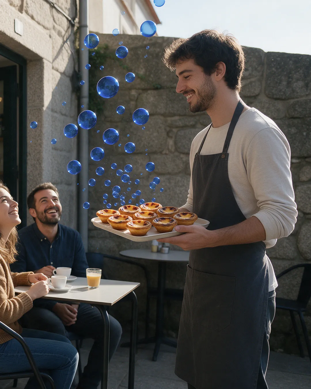 Esplanada no Porto; bolhas azuis sobem de um tabuleiro de pastéis de nata