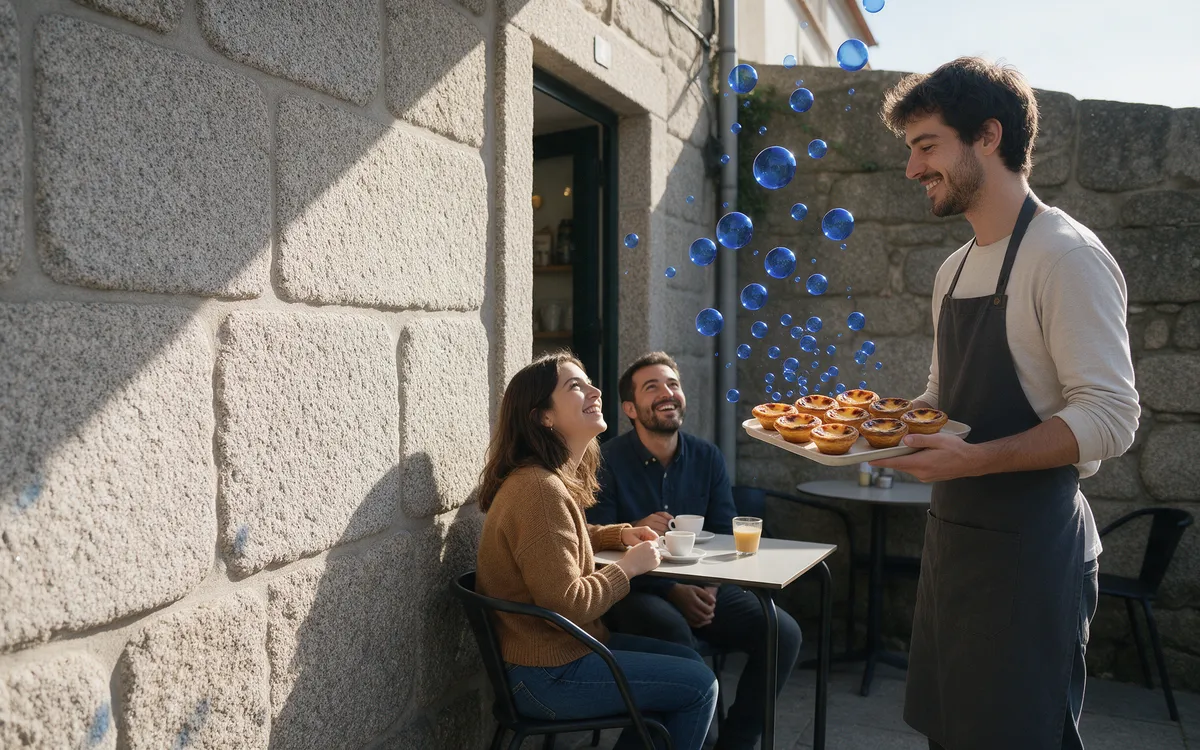 Esplanada no Porto; bolhas azuis sobem de um tabuleiro de pastéis de nata