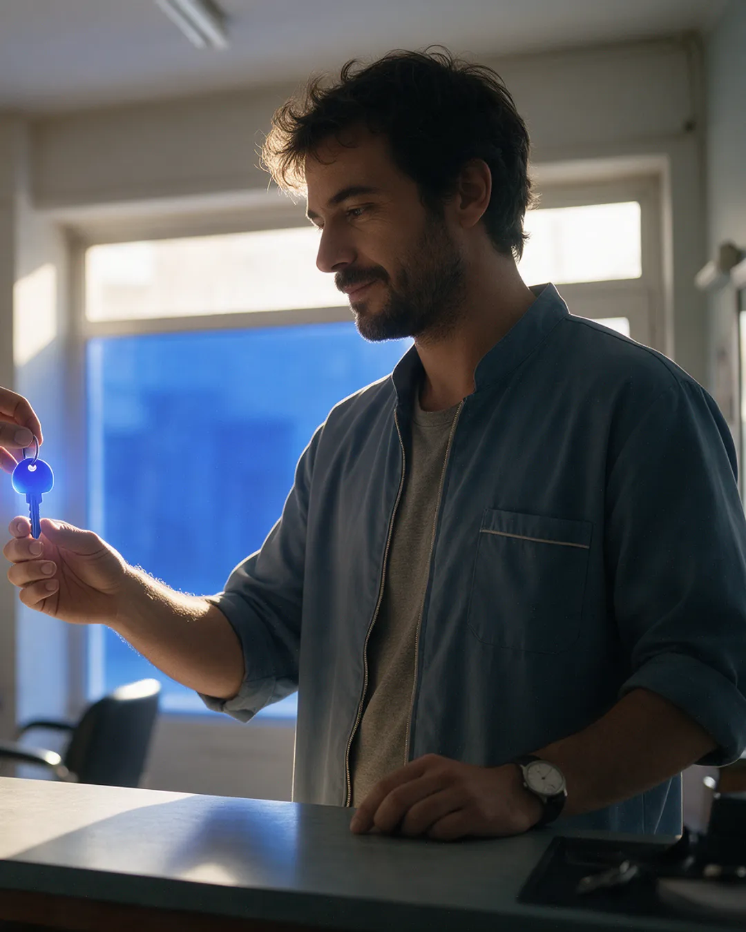 Dono de um cabeleireiro recebe uma chave azul e a montra acende-se