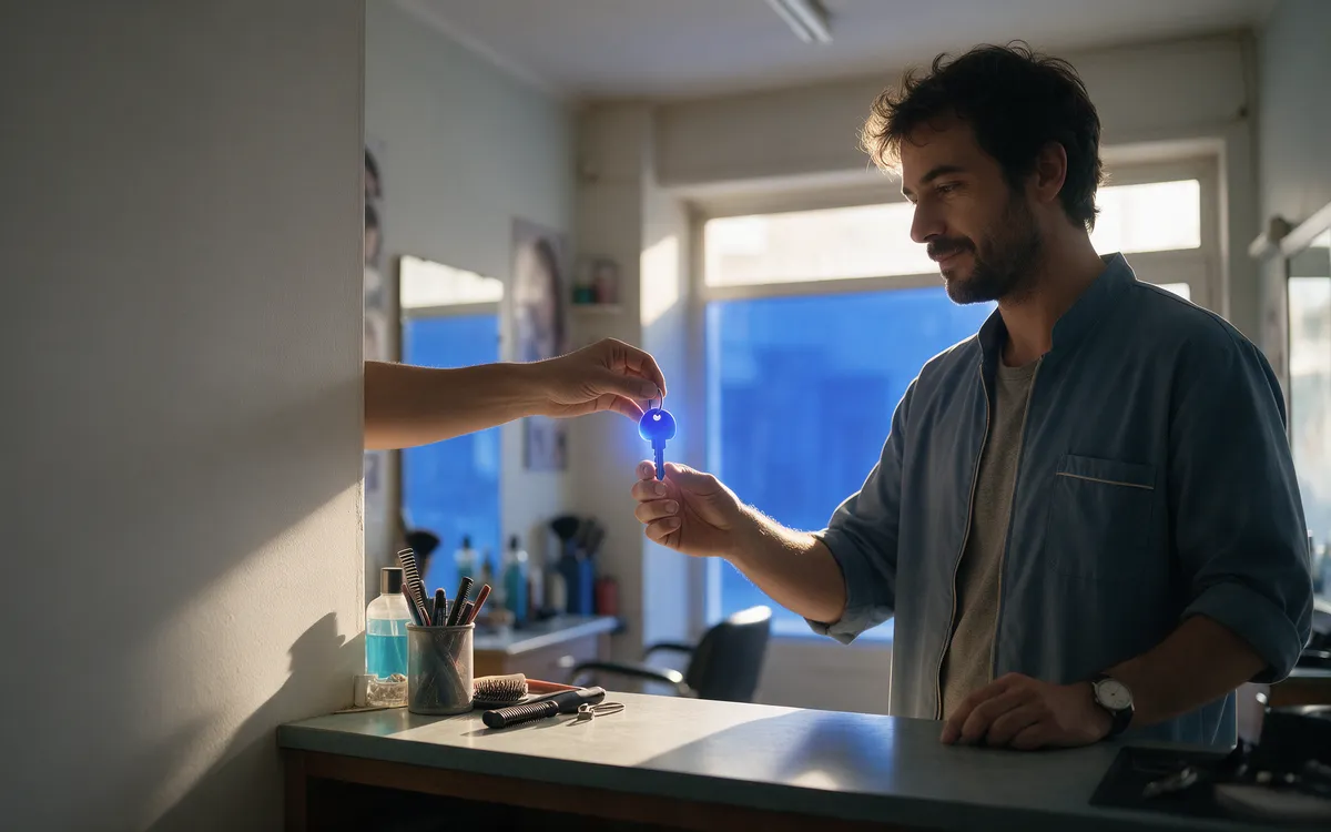 Dono de um cabeleireiro recebe uma chave azul e a montra acende-se