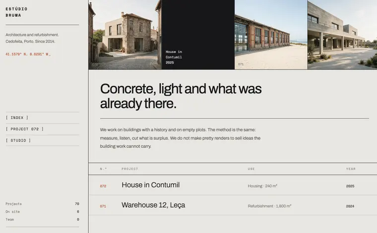 Home page of the Estúdio Bruma example website