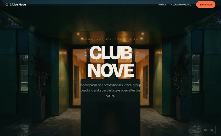 Home page of the Clube Nove example website