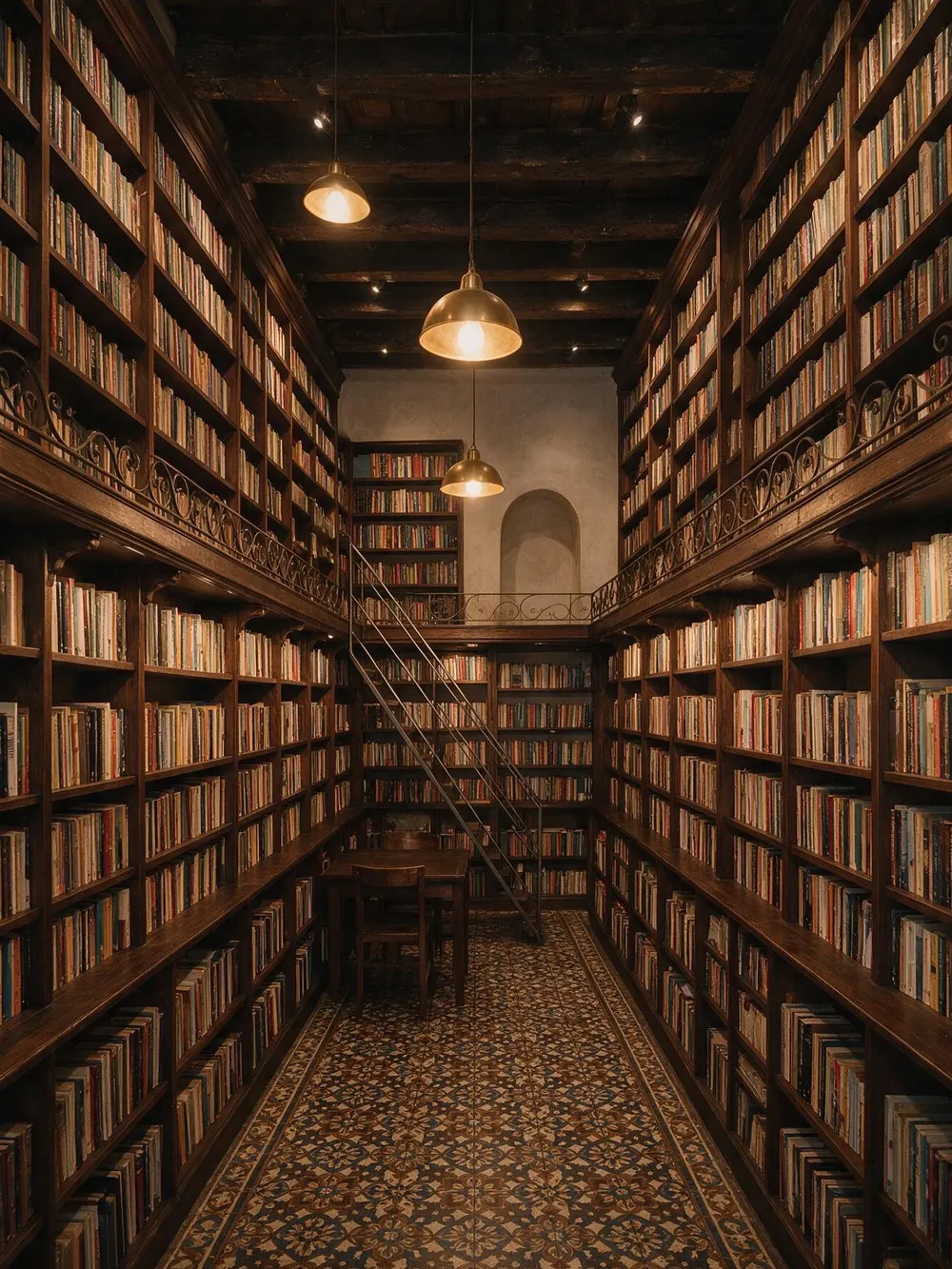 Livraria Sá da Bandeira, com estantes de madeira do chão ao tecto e a galeria de leitura no piso de cima.