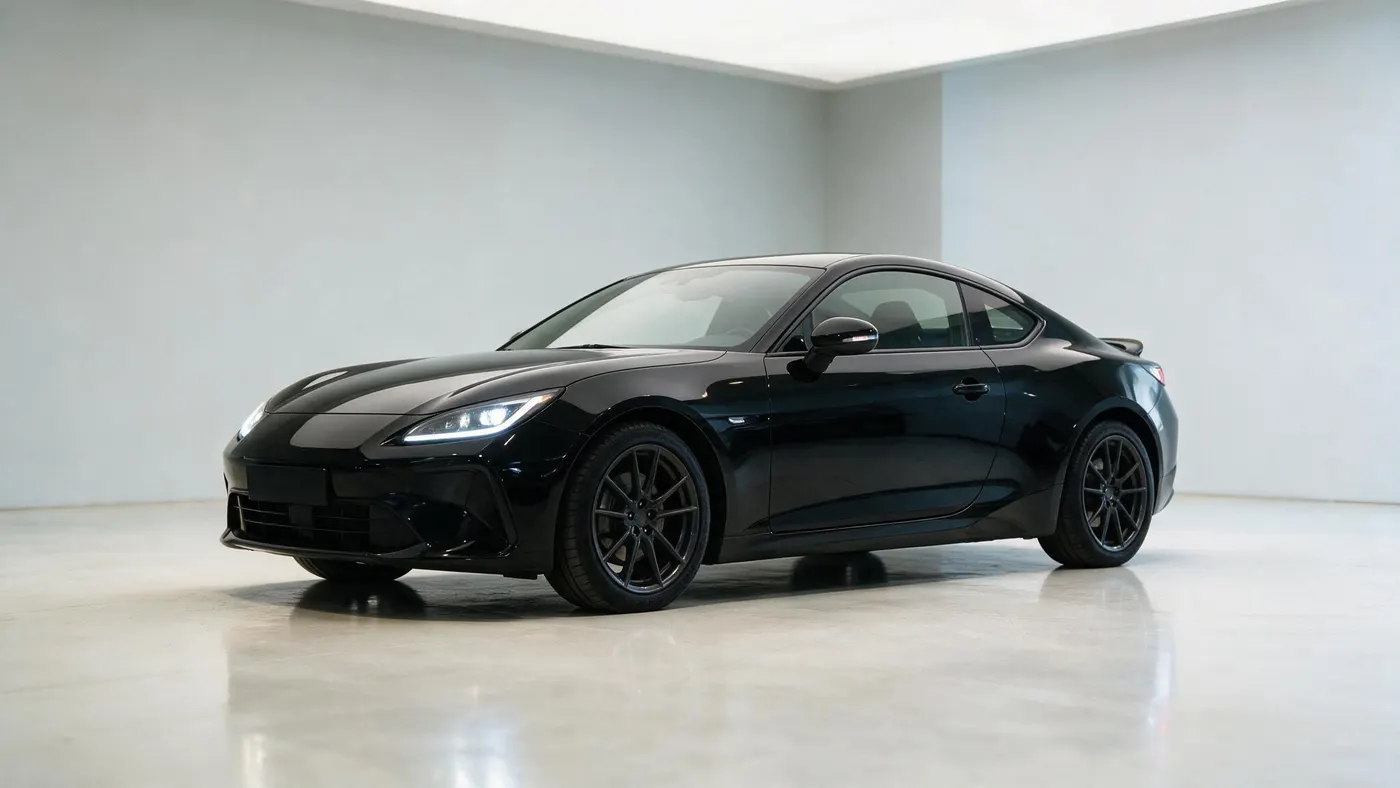 Coupé preto em três quartos de frente.