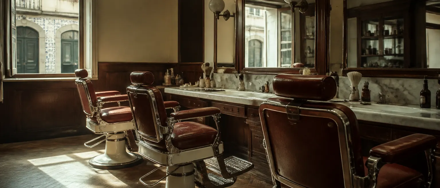 Interior da barbearia: três cadeiras de época em fila, espelhos emoldurados e bancada de mármore, com luz de dia a entrar pela janela da rua.