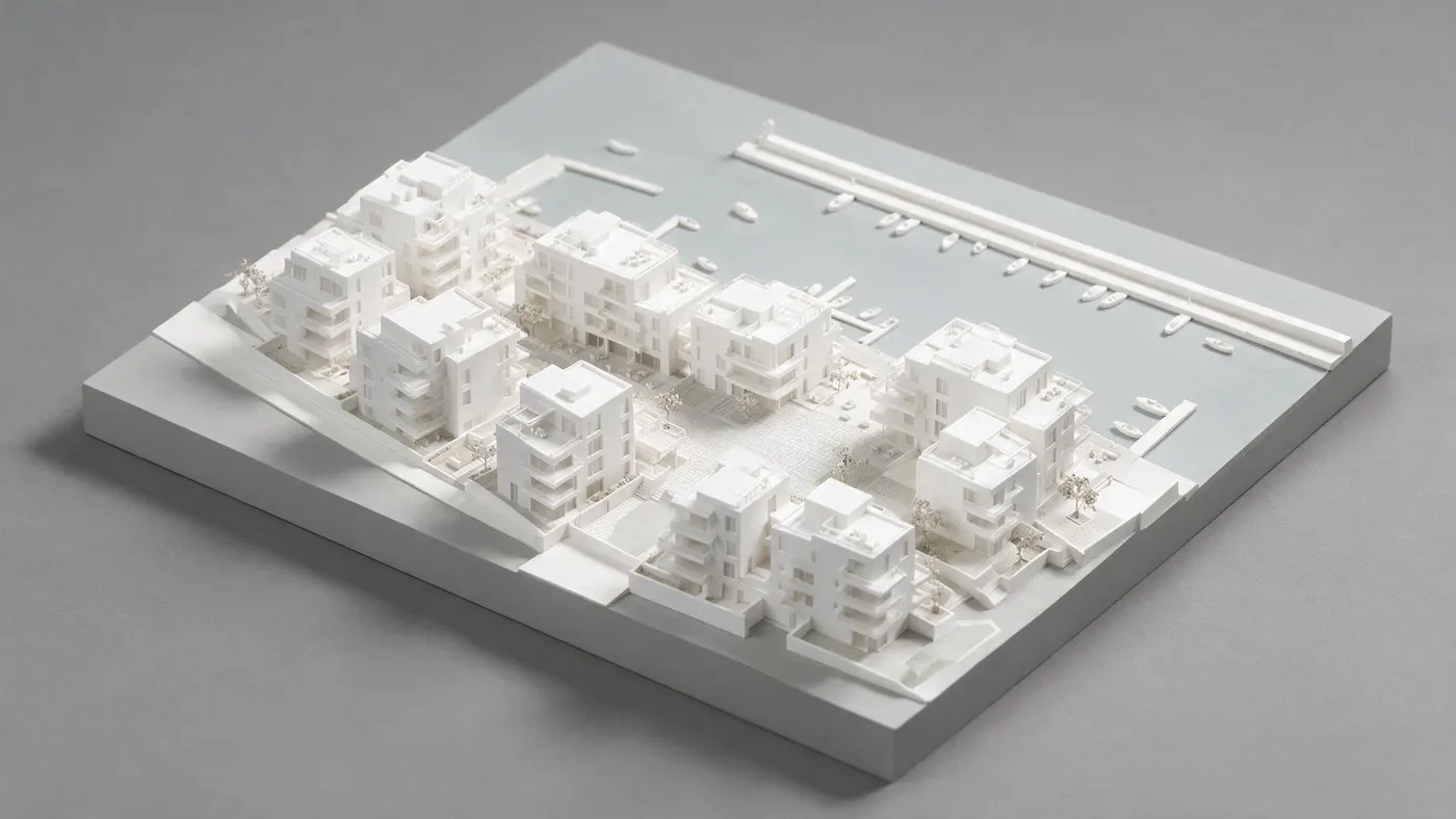 Vista aérea da maqueta branca do empreendimento, com a marina e os pontões.