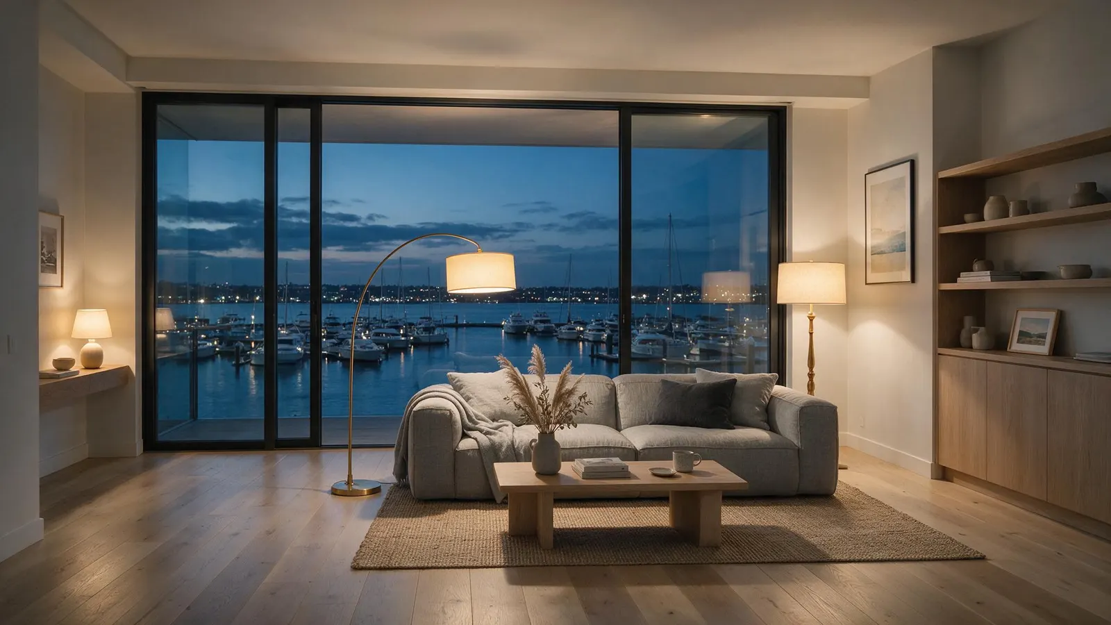 Sala de um apartamento em piso alto, com envidraçado até ao chão sobre a marina.