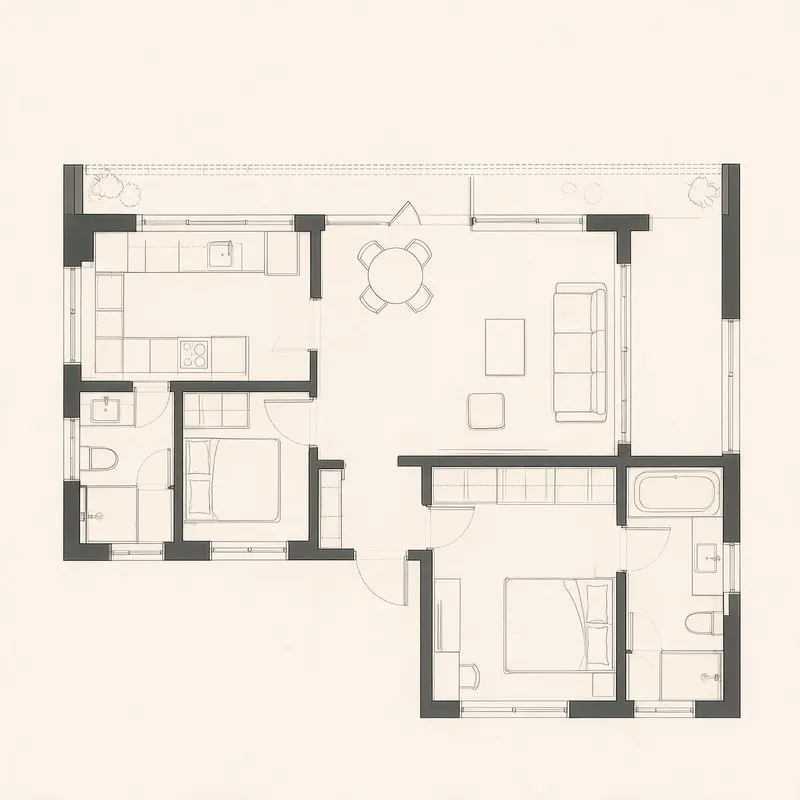 Planta do apartamento T2, com varanda ao longo de um dos lados.