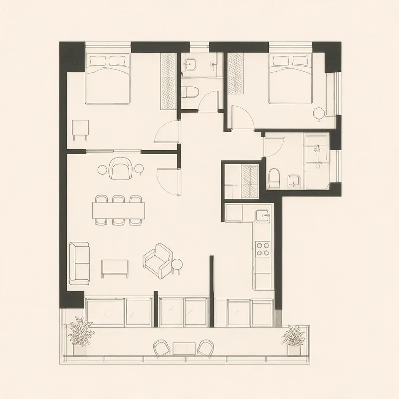 Planta do apartamento T3, com varanda corrida.