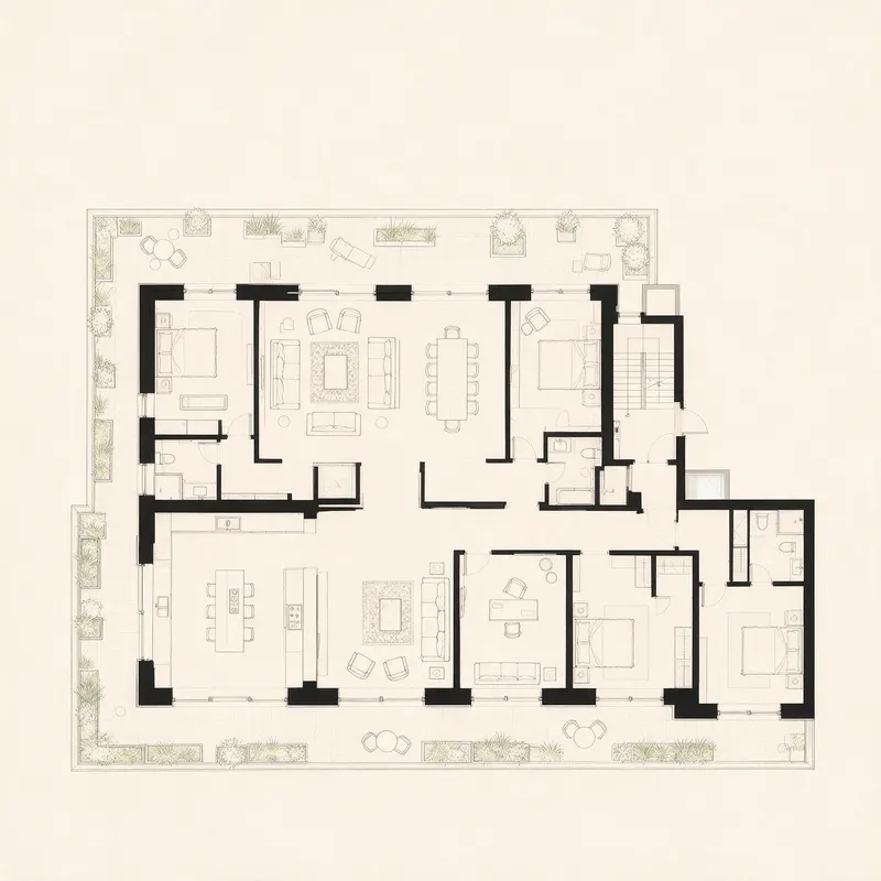 Planta do duplex T4, com terraço a envolver a habitação.