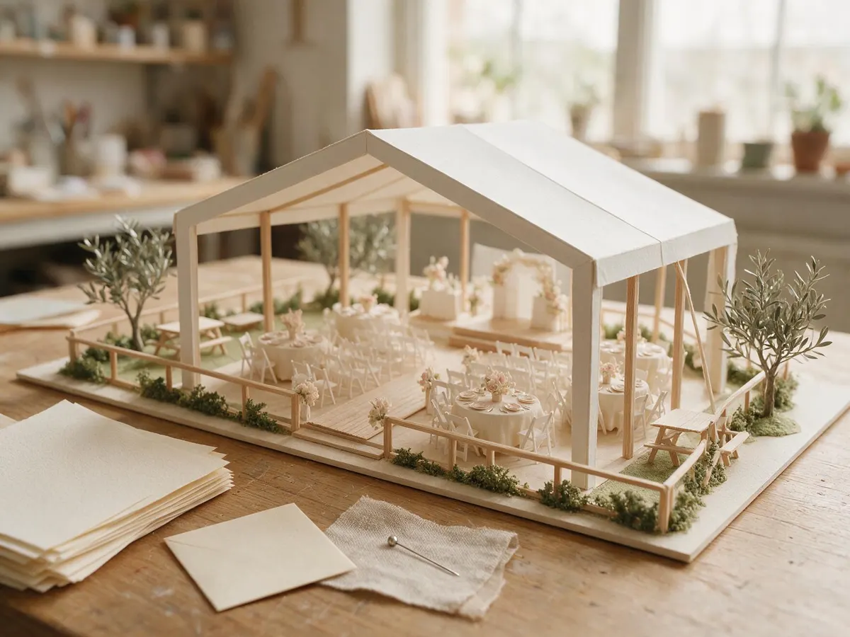 Maqueta à escala da cenografia, ao lado da papelaria em papel cru e das amostras de tecido.