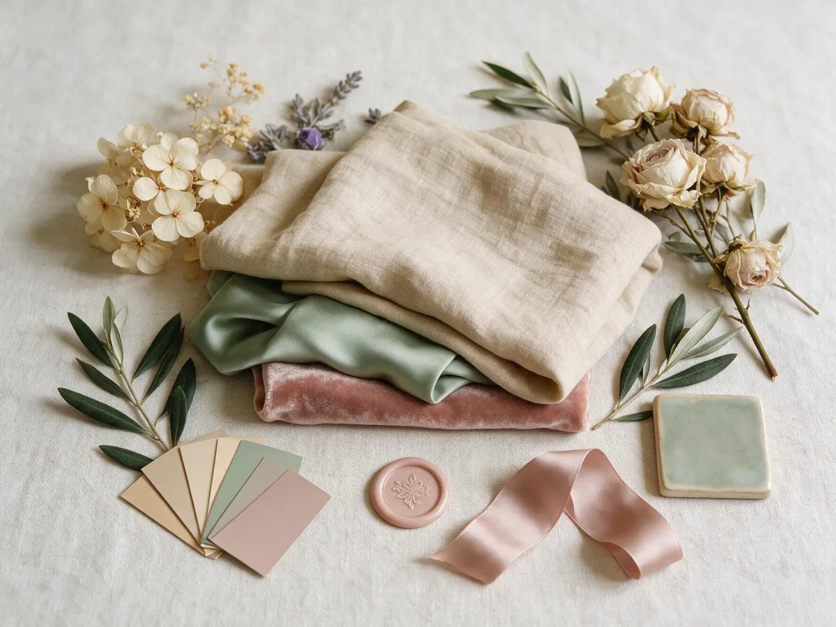 Moodboard do casamento: amostras de linho e seda, flores secas, fitas e a cartela de cores sobre a mesa.
