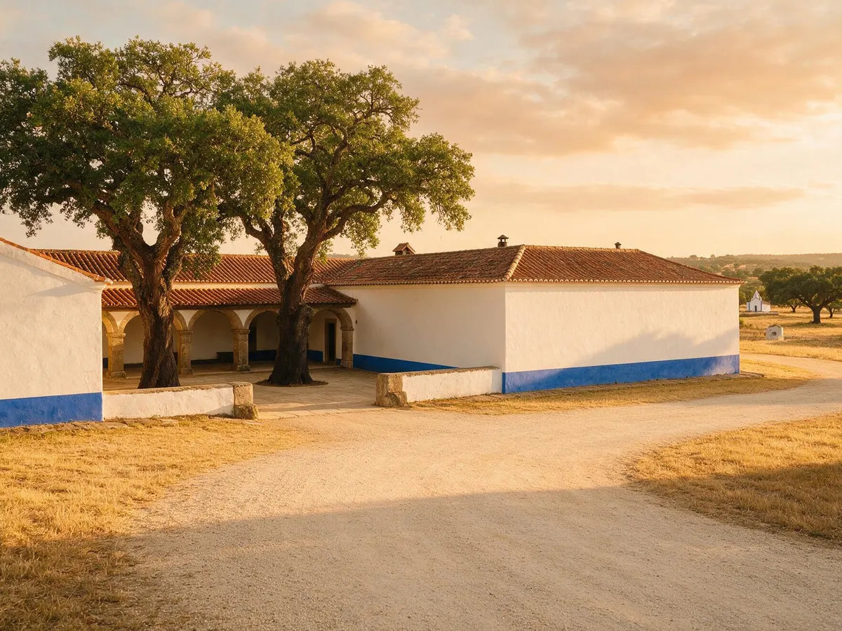 Quinta alentejana de paredes caiadas com barra azul, com os sobreiros a dar sombra ao terreiro.