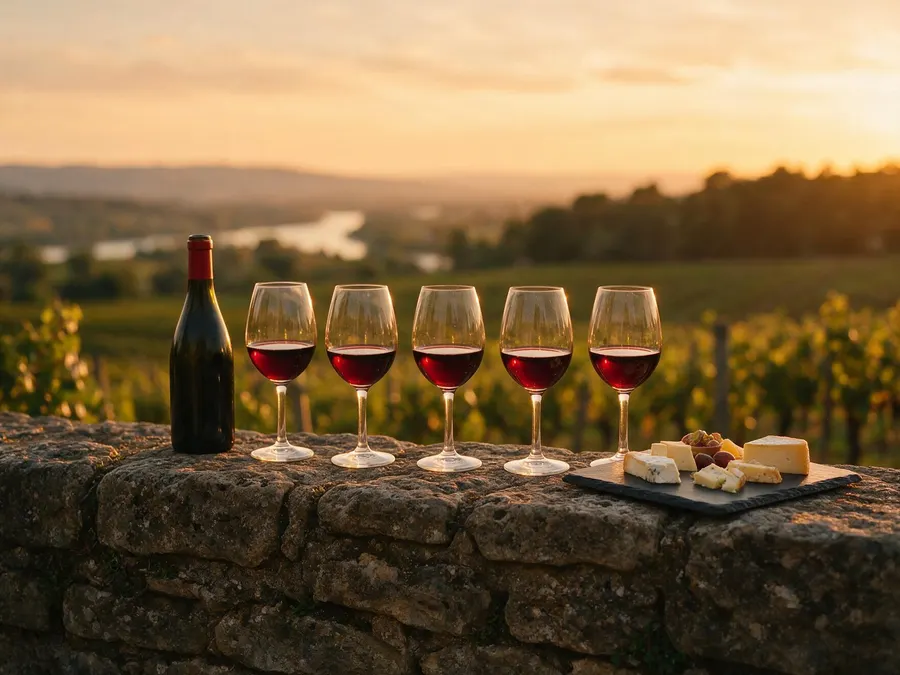 Copos de vinho tinto alinhados num muro de pedra ao pôr do sol, com o vale ao fundo.