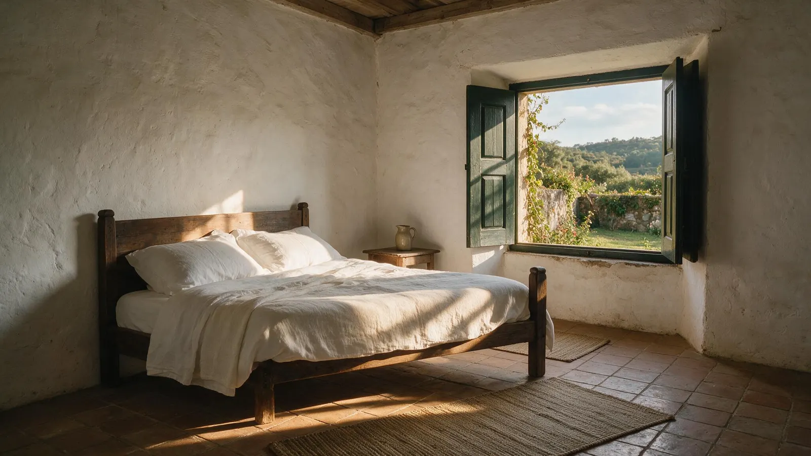 Quarto com cama baixa de madeira, roupa branca e portada verde entreaberta.