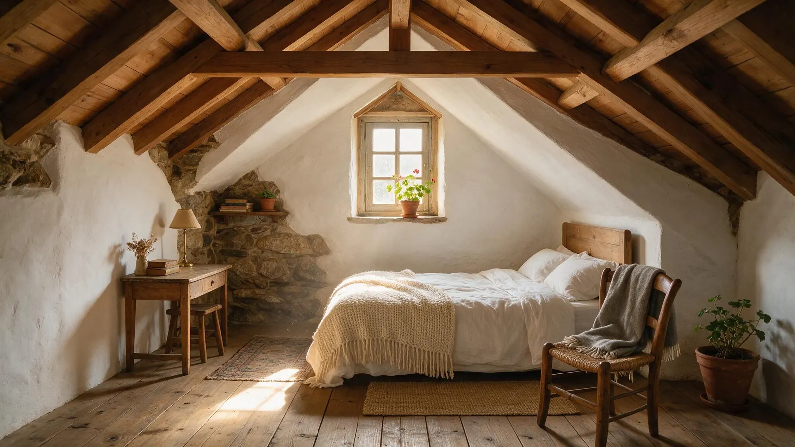 Quarto de água-furtada sob as vigas do telhado, com trapeira e soalho largo.