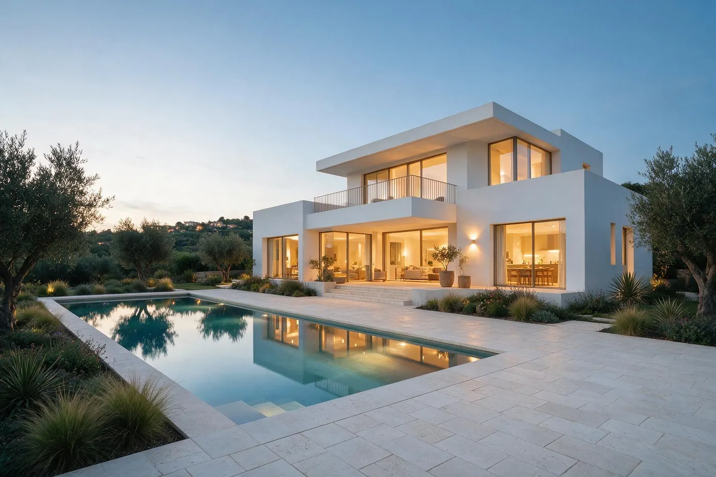 Moradia contemporânea em Cascais ao anoitecer, com piscina aquecida a refletir a luz interior.