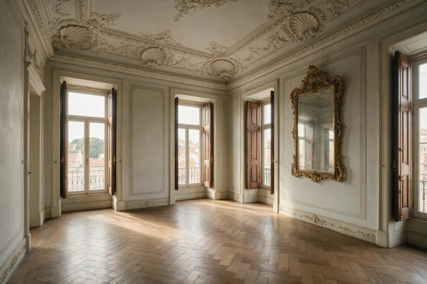 Andar nobre de palacete pombalino no Chiado, com estuques originais e soalho em espinha.