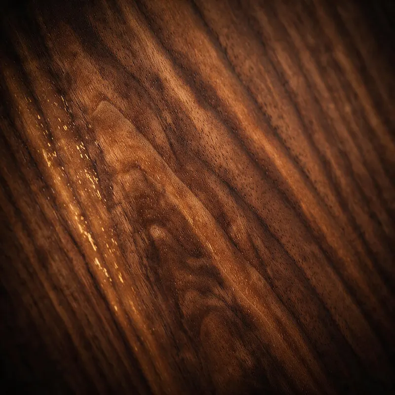 Macro do veio da nogueira, com o acabamento a óleo a revelar a profundidade da madeira.