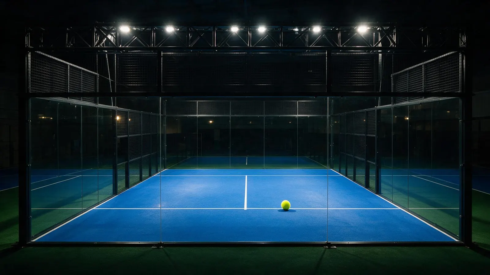 A padel court seen through the panoramic glass, the ball on the floor under the floodlights.