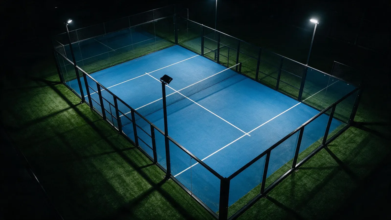 A padel court from above at night, the white lines and the glass cage under the floodlights.