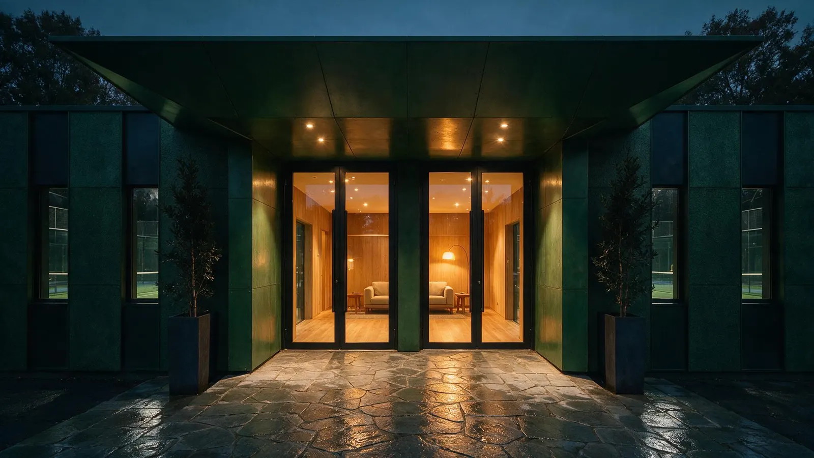 The club entrance at dusk: glass doors in the middle under the green canopy, the lit foyer inside and the courts visible through the side windows.