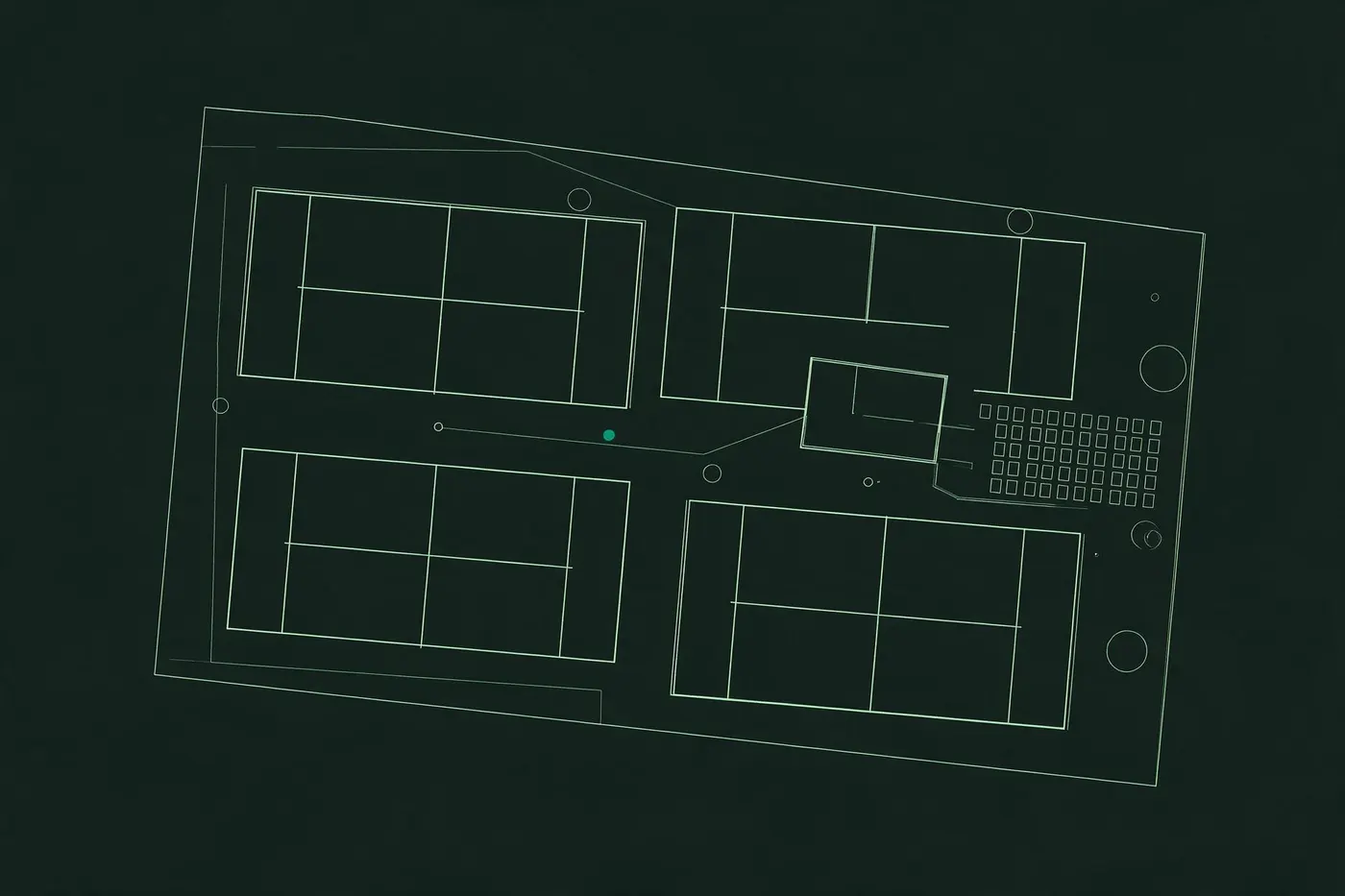 Site plan of the club from above, with the four courts, the clubhouse and the car park.