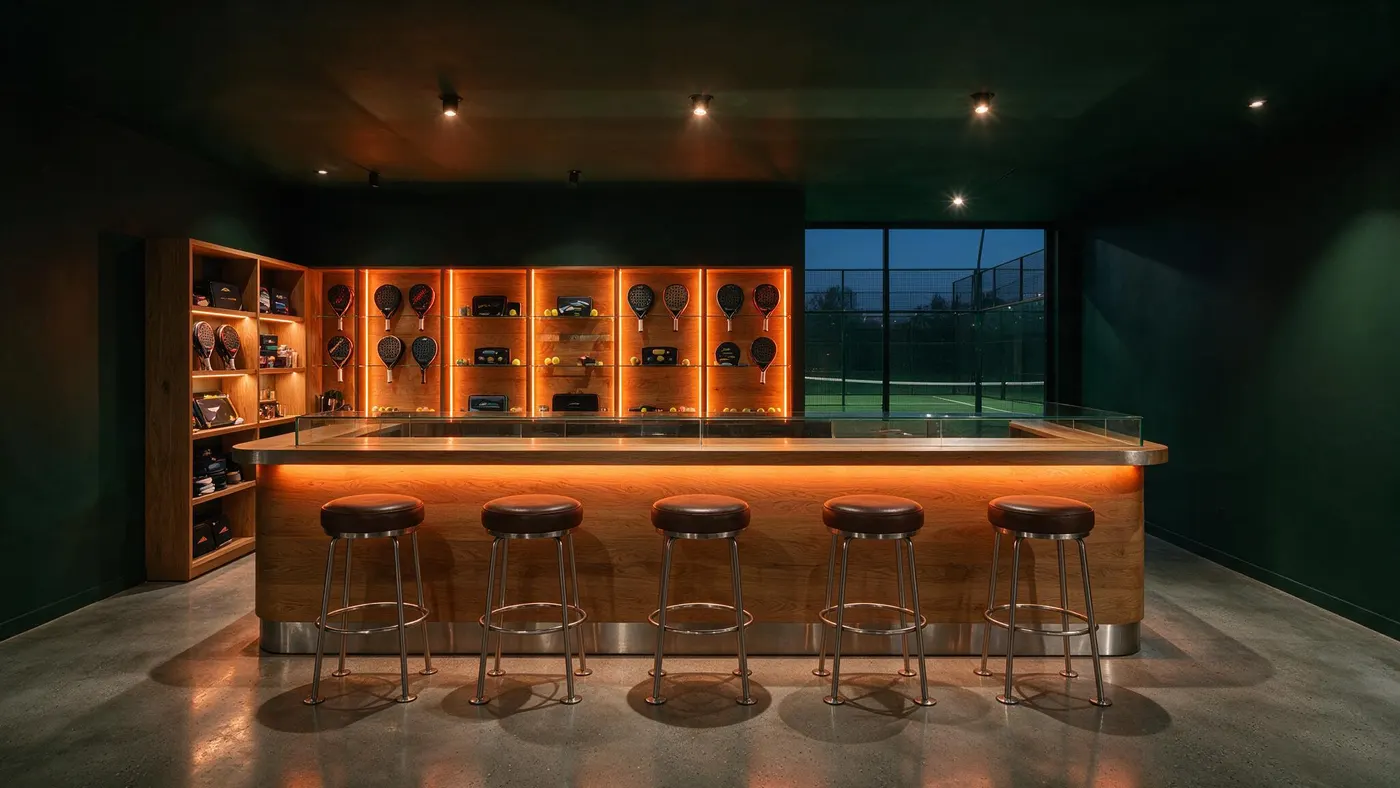 The club reception and bar: an oak counter, rackets displayed on the wall and warm orange light.