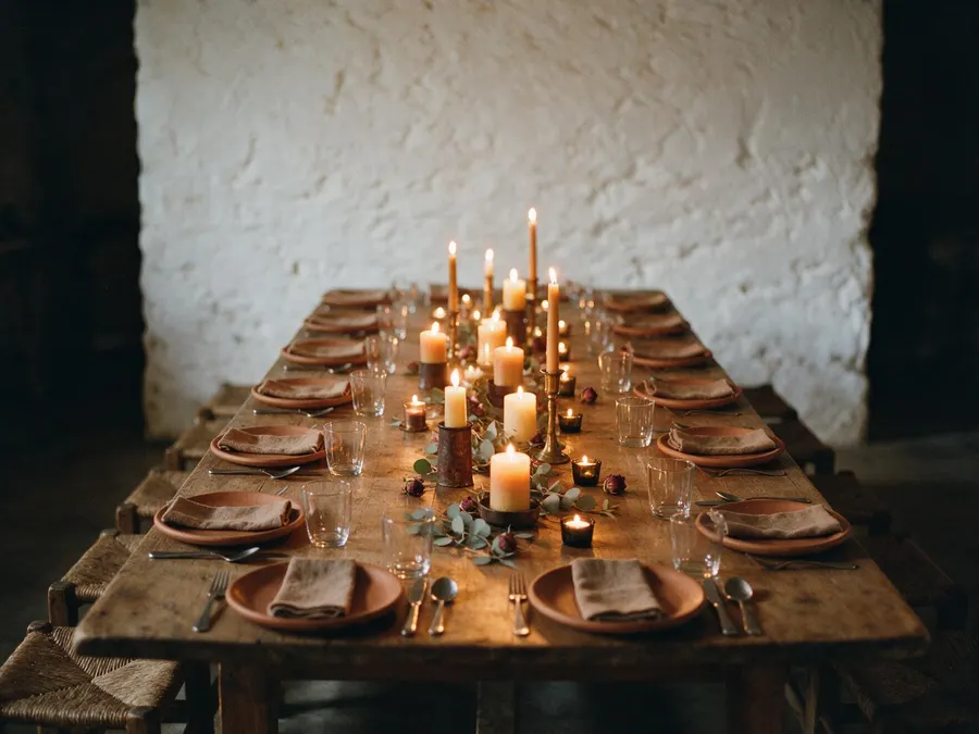 Mesa corrida posta para vinte e quatro pessoas, com velas ao centro.