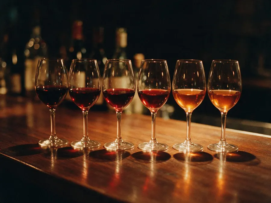 Seis copos de vinho alinhados no balcão de madeira escura.