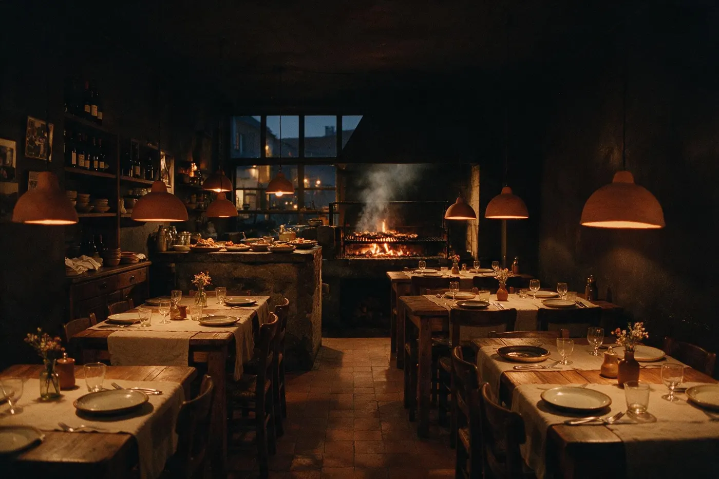 Sala do restaurante ao anoitecer, com a grelha acesa ao fundo e as mesas postas em madeira.