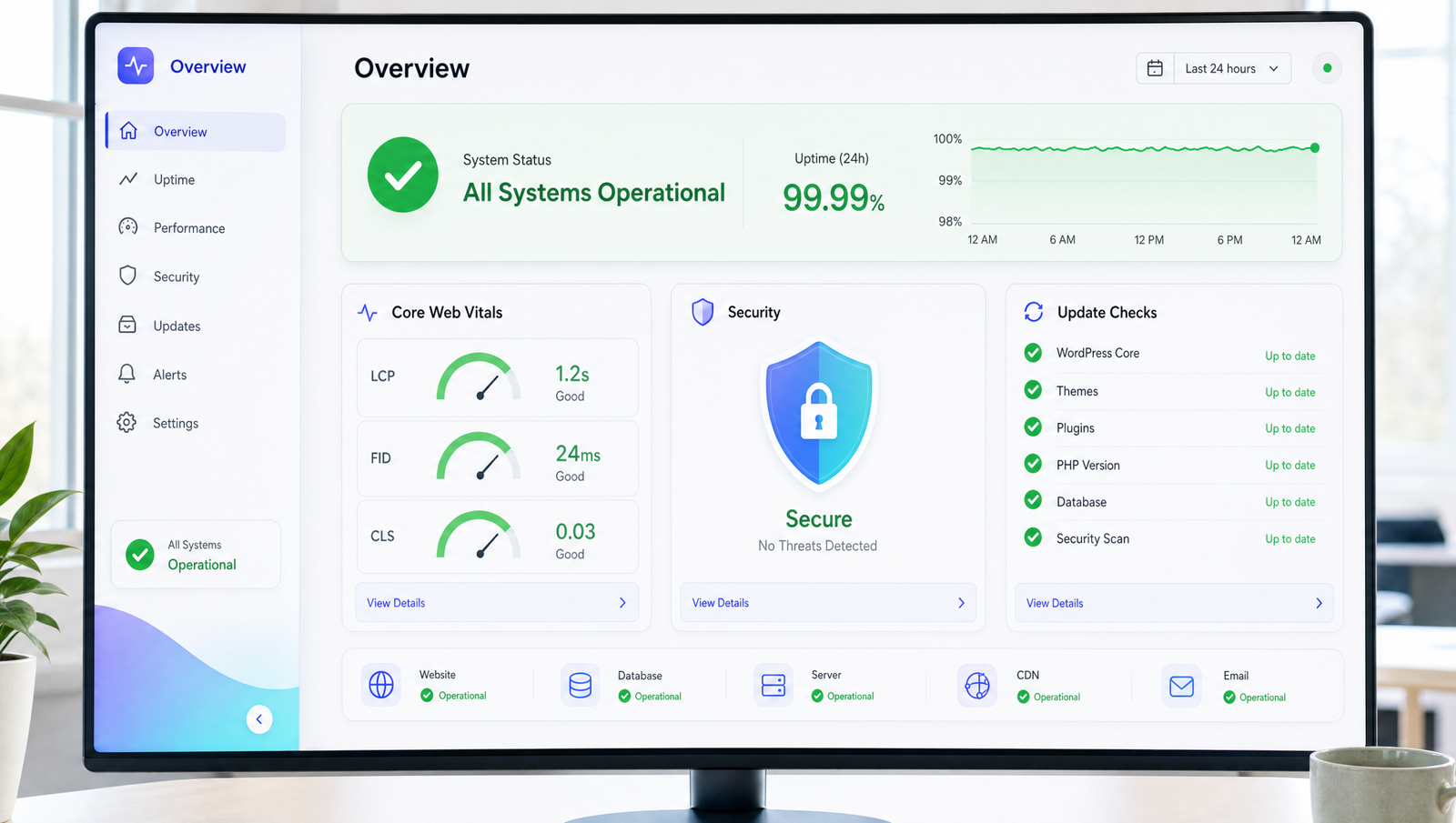 Dashboard de monitorização de uptime, segurança e Core Web Vitals